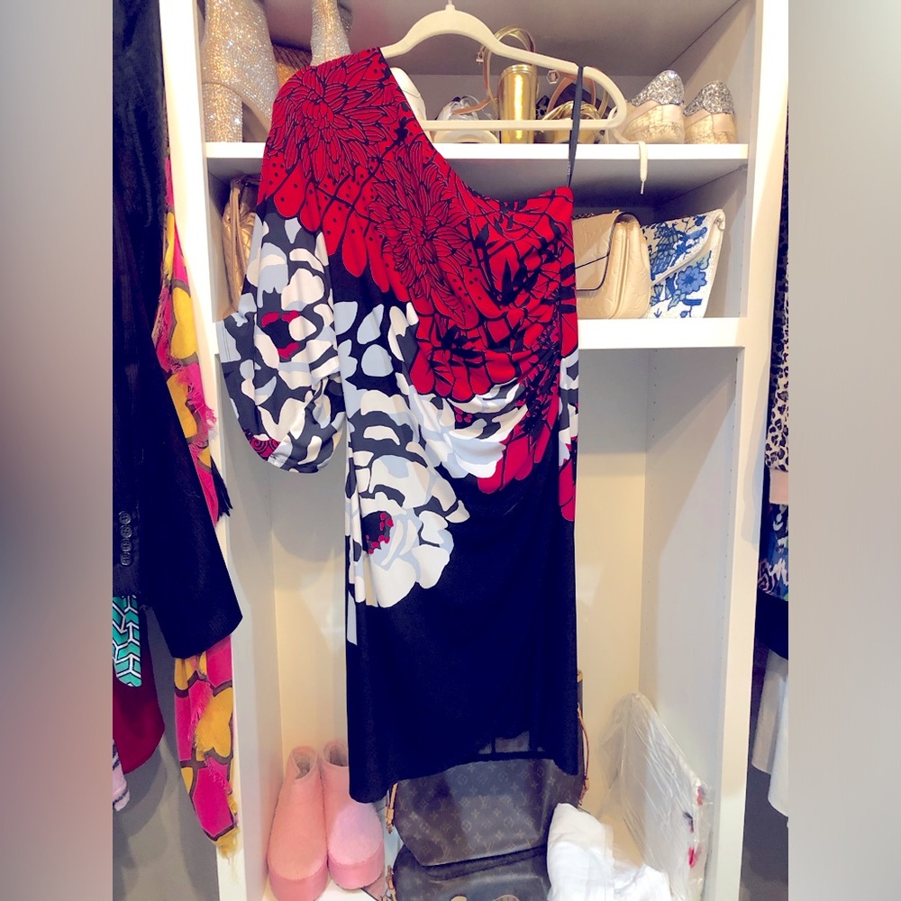 One sleeve dress with ruched front sexy fit falls at knee I’m 5’4 silky unlined